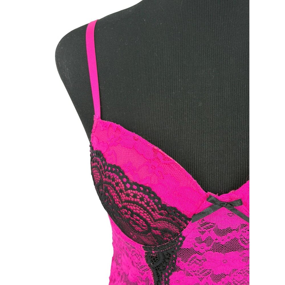 Hot Pink & Black Lace Push-Up Mini Slip Dress Lingerie M| Y2K Barbiecore Boudoir - Picture 3 of 13